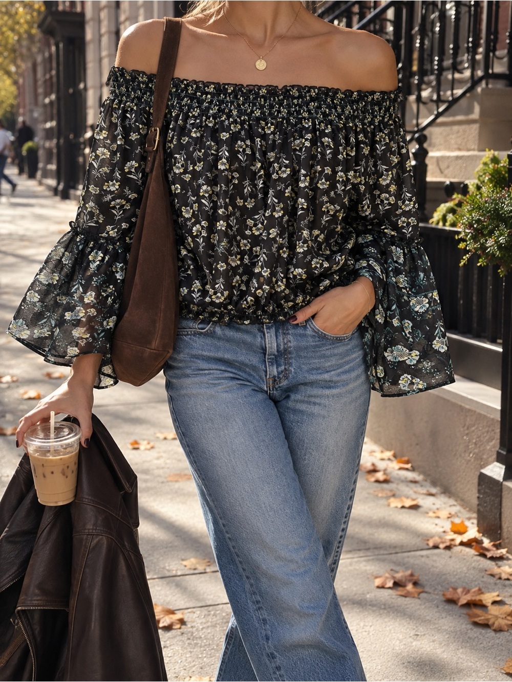 Free People Free Spirit Floral Off Shoulder Bell Sleeve Top Size S